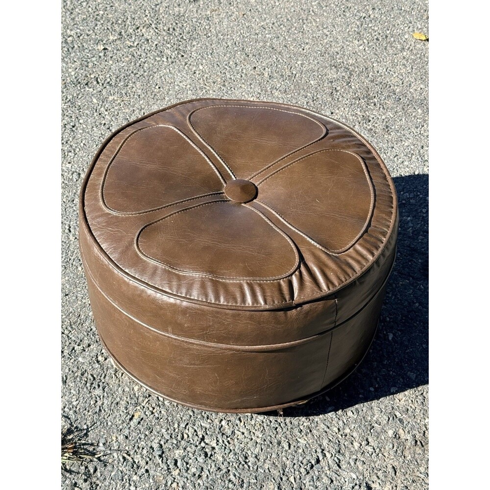 VTG Mid Century Modern Round Brown Vinyl Ottoman Footstool Flower Boho w/ Wheels